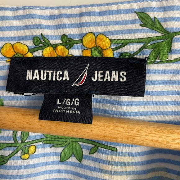 NAUTICA Jeans Floral Blue Stripes Top Blouse Large 3/4 Sleeve Office Preppy - Picture 5 of 13